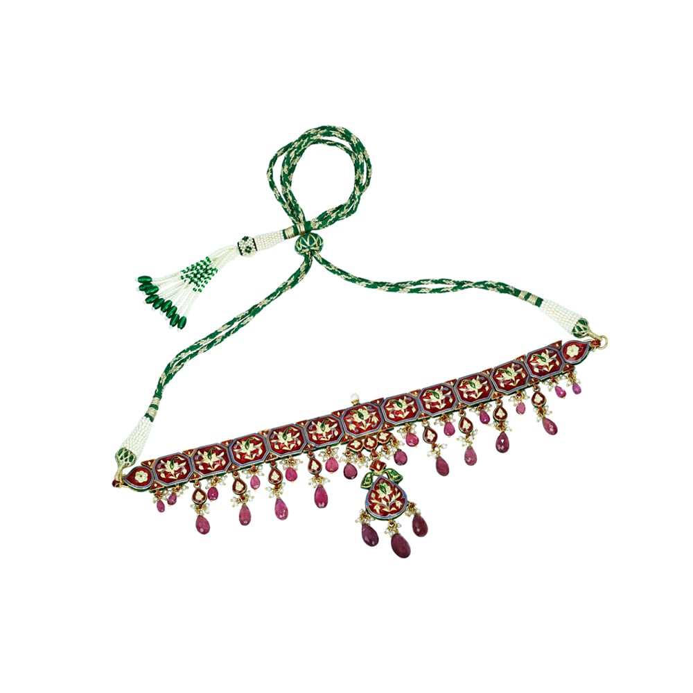 Polki Choker Set with Green Enamel, Tourmaline, and Pearls